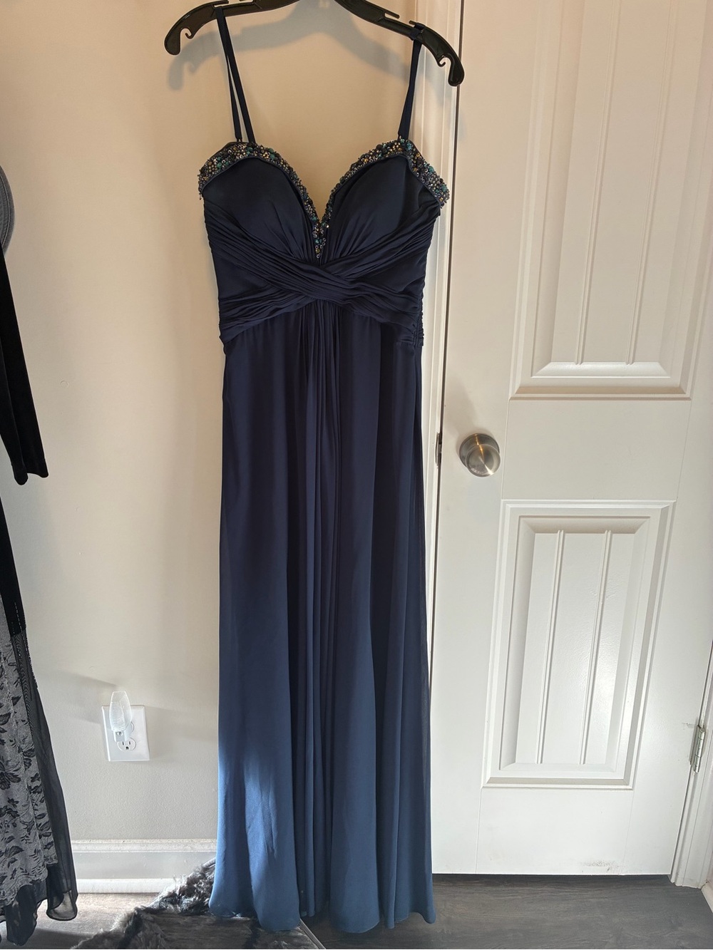 La Femme Navy Blue Evening Gown with Beaded Bust